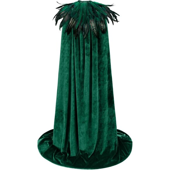 Women Feather Collar Velvet Cloak Vampire Cape Witch Queen Cosplay Costume - Picture 7 of 7
